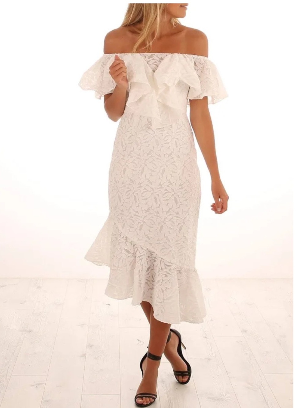 C/MEO Collective More To Give Off Shoulder Bridal Midi Dress White Floral Small